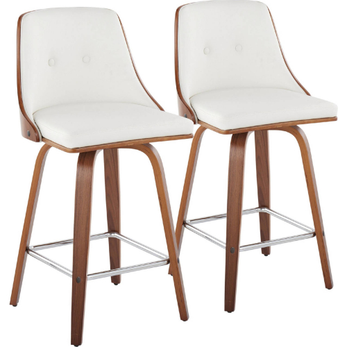 Gianna Swivel Counter Stool in Walnut Wood & Light White Leatherette with Chrome Footrest (Set of 2)